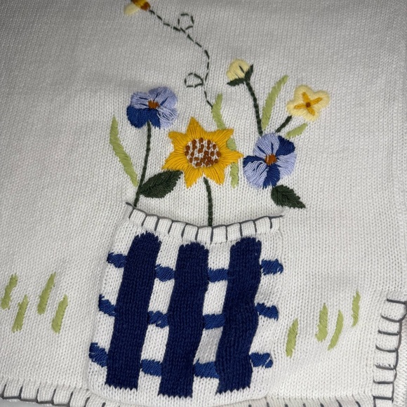 Vintage Cotton Sweater Floral Embroidery Butterfly Bee White Women’s Size Med - Picture 5 of 11